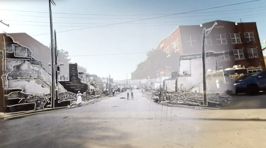 Art photo showing corner of Archer Ave in Greenwood District, Tulsa OK contrasting 1921 and 2021 images