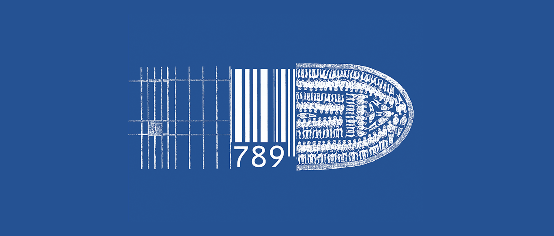 illustration stylized combo of prison cell bars, a barcode, and slave ship diagram